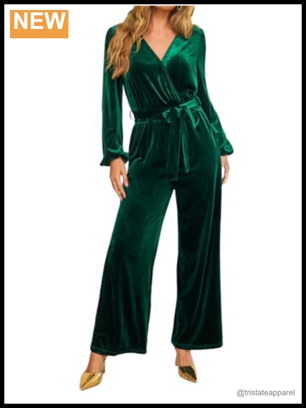 Velvet Long Sleeve V Neck Belted Wide Leg Jumpsuit